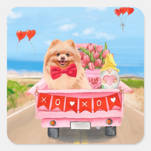 Pomeranian Dog Valentine's Day Truck Hearts Square Sticker (Front)