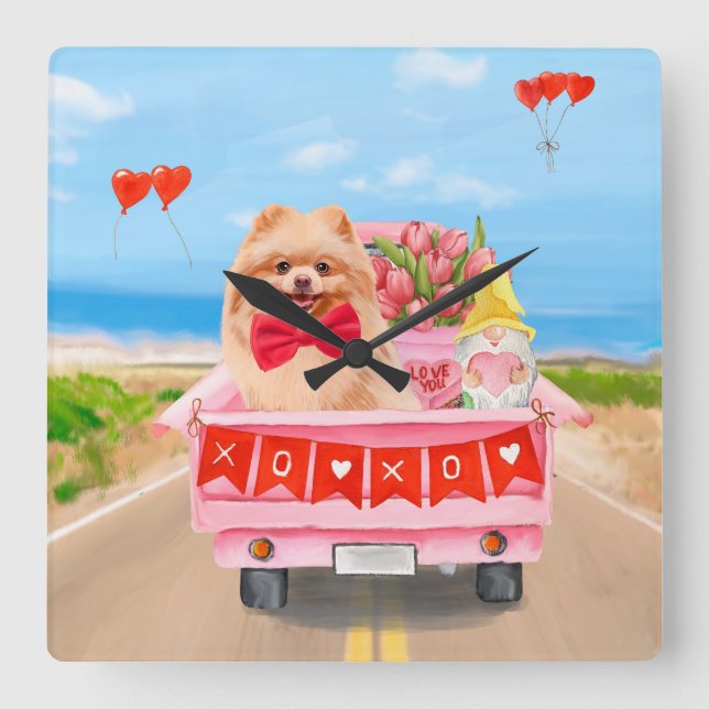 Pomeranian Dog Valentine's Day Truck Hearts Square Wall Clock (Front)