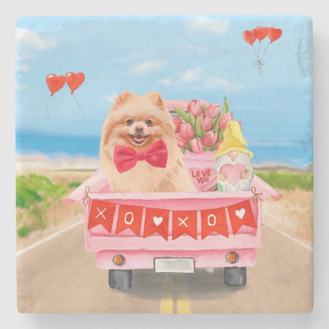 Pomeranian Dog Valentine's Day Truck Hearts Stone Coaster (Front)