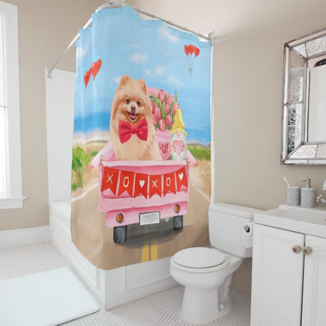 Pomeranian Dog Valentine's Day Truck  Shower Curtain (In Situ)