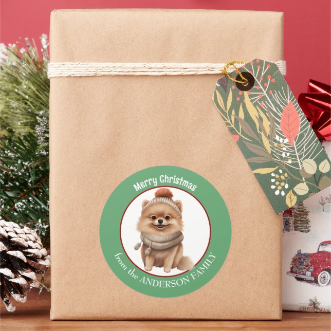 Pomeranian Dog Winter Scarf and Hat Christmas Classic Round Sticker (Holiday)