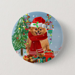 Pomeranian dog with Christmas gifts 6 Cm Round Badge