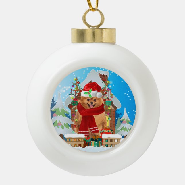 Pomeranian dog with Christmas gifts Ceramic Ball Christmas Ornament (Front)