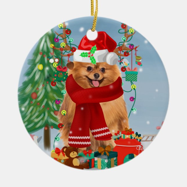 Pomeranian dog with Christmas gifts   Ceramic Tree Decoration (Front)
