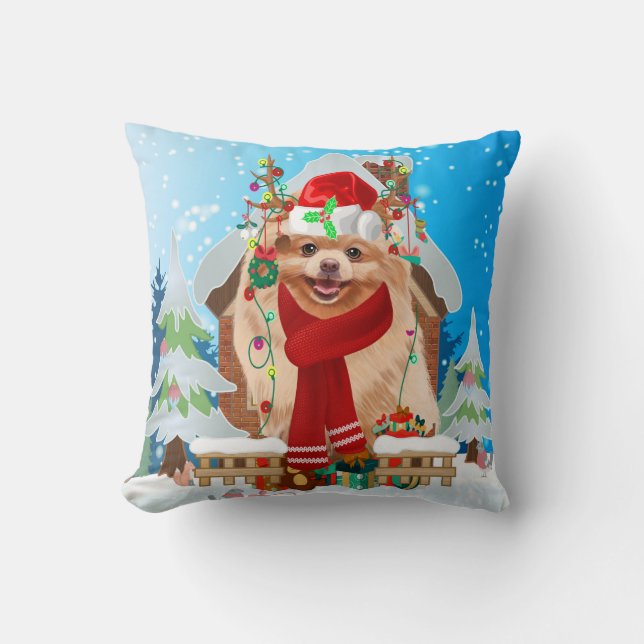Pomeranian dog with Christmas gifts Cushion (Front)