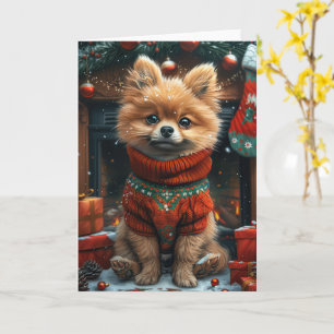 Pomeranian Dog With Christmas Gifts Fireplace Card