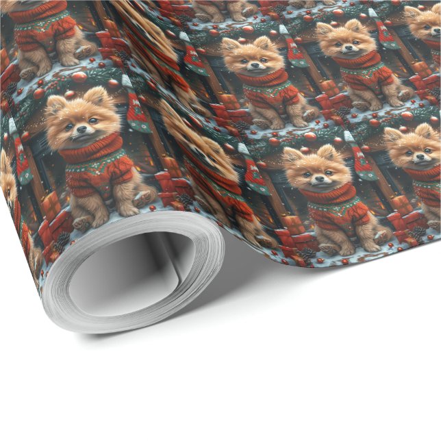 Pomeranian Dog With Christmas Gifts Fireplace Wrapping Paper (Roll Corner)