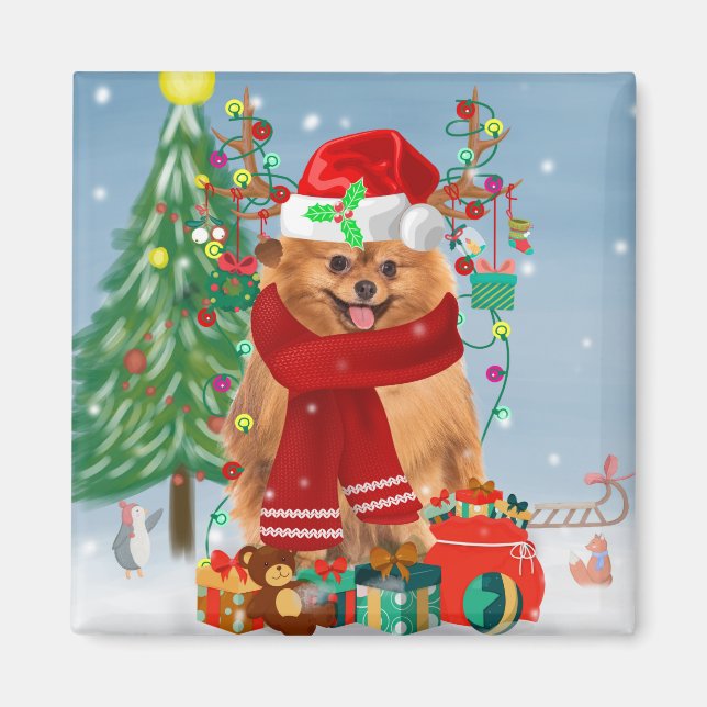 Pomeranian dog with Christmas gifts   Magnet (Front)