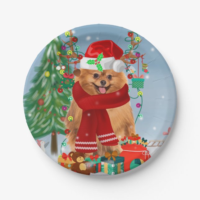 Pomeranian dog with Christmas gifts  Paper Plate (Front)
