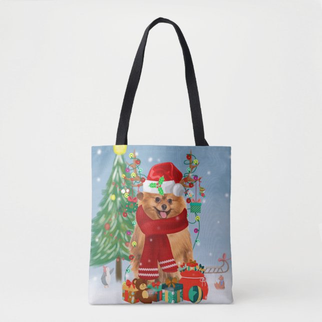Pomeranian dog with Christmas gifts   Tote Bag (Front)
