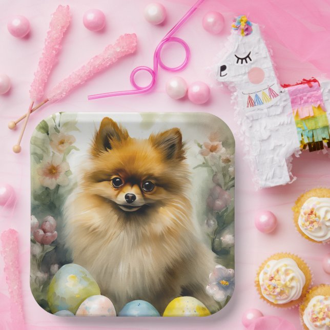 Pomeranian Dog with Easter Eggs Holiday  Paper Plate (Party)