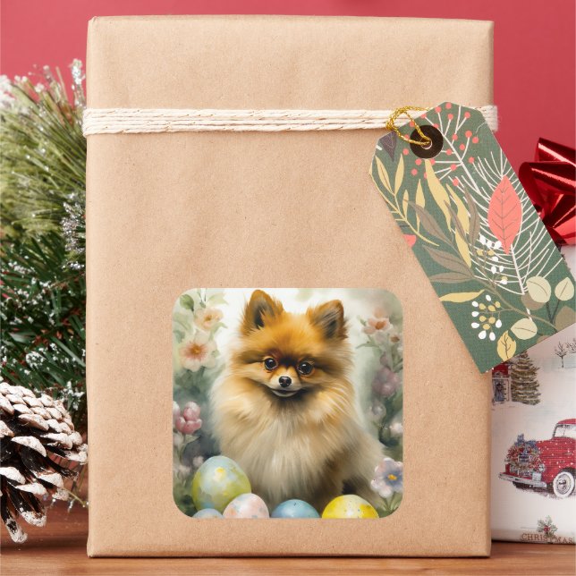 Pomeranian Dog with Easter Eggs Holiday  Square Sticker (Holiday)