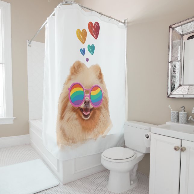 Pomeranian Dog with Hearts Valentine's Day  Shower Curtain (In Situ)