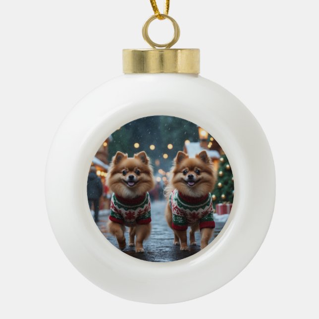 Pomeranian Dogs Christmas Snow Holiday  Ceramic Ball Christmas Ornament (Front)