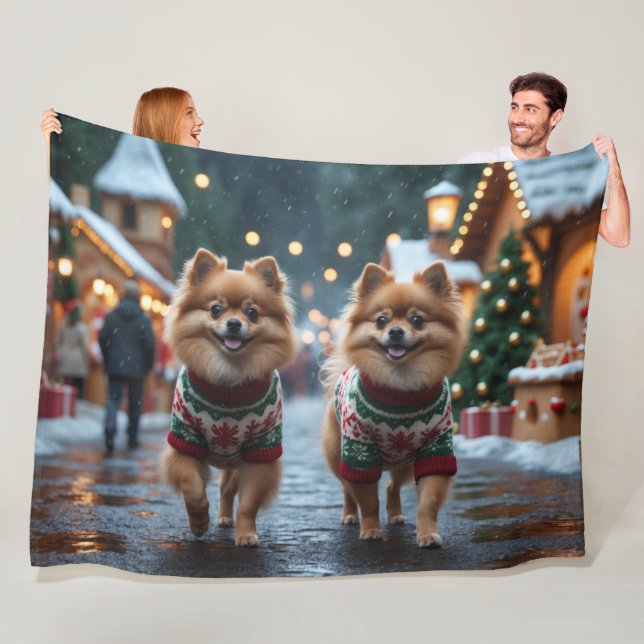 Pomeranian Dogs Christmas Snow Holiday  Fleece Blanket (In Situ)