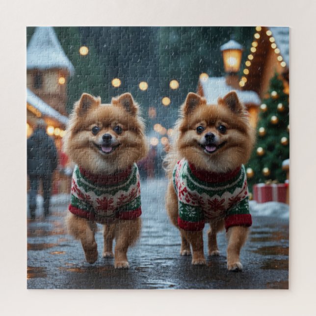 Pomeranian Dogs Christmas Snow Holiday  Jigsaw Puzzle (Vertical)