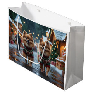 Pomeranian Dogs Christmas Snow Holiday  Large Gift Bag