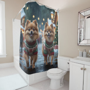 Pomeranian Dogs Christmas Snow Holiday  Shower Curtain