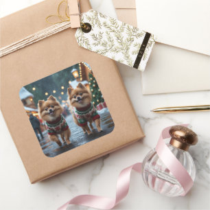 Pomeranian Dogs Christmas Snow Holiday  Square Sticker