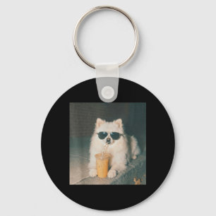 Pomeranian Drinking Iced Coffee Shirt Funny Dog Key Ring