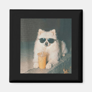 Pomeranian Drinking Iced Coffee Shirt Funny Dog Magnet