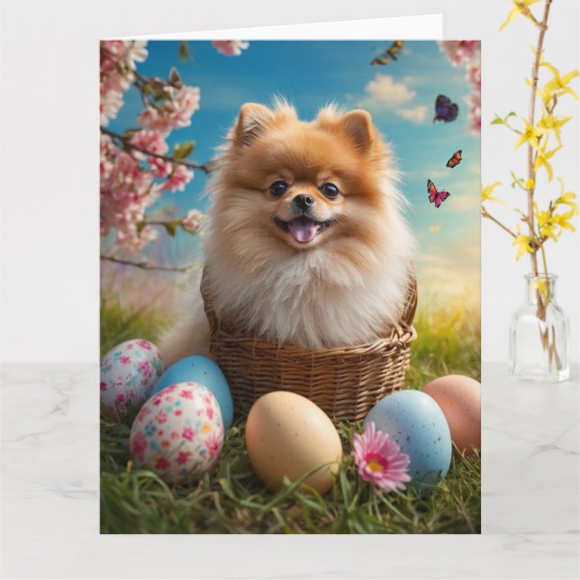 Pomeranian Easter Eggs  Card (Yellow Flower)