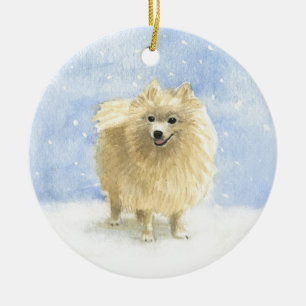 Pomeranian Eskie in the Snow Ceramic Tree Decoration