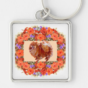 Pomeranian Floral Key Ring