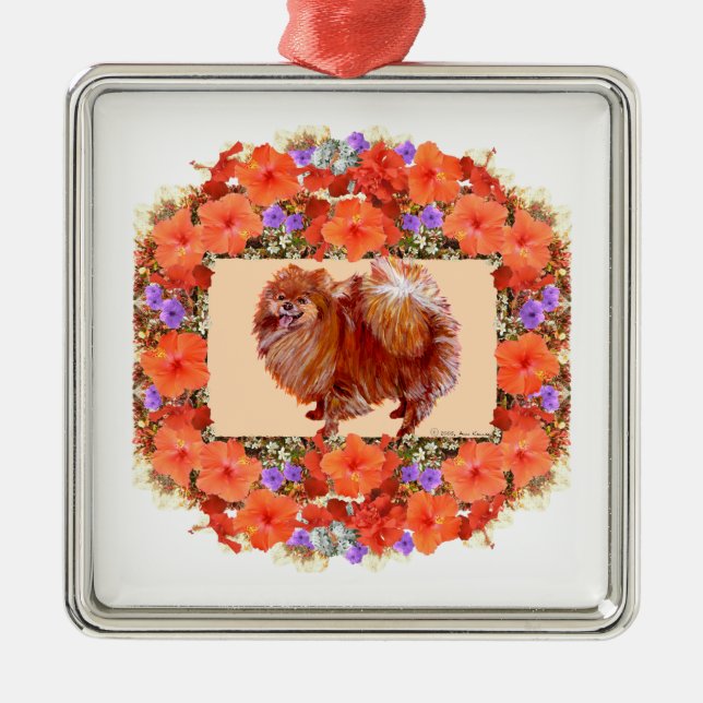 Pomeranian Floral Metal Tree Decoration (Front)