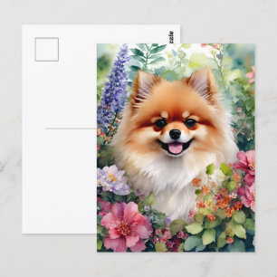 Pomeranian Floral Watercolor Portrait Postcard