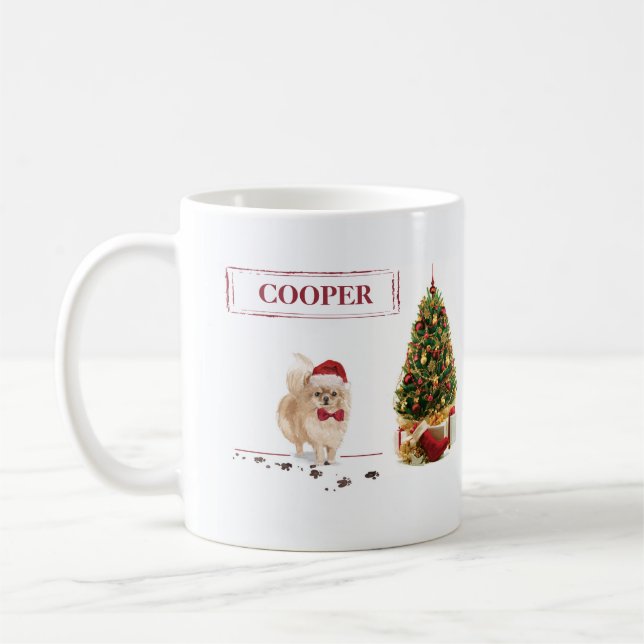 Pomeranian Funny Christmas Dog with Tree Coffee Mug (Left)