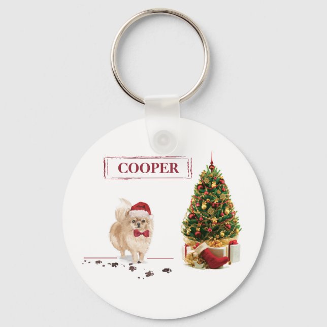 Pomeranian Funny Christmas Dog with Tree Key Ring (Front)