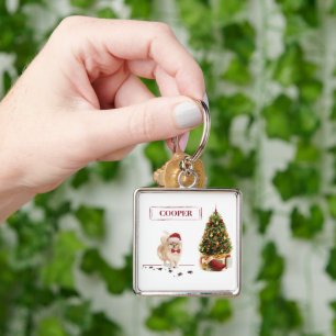 Pomeranian Funny Christmas Dog with Tree Key Ring