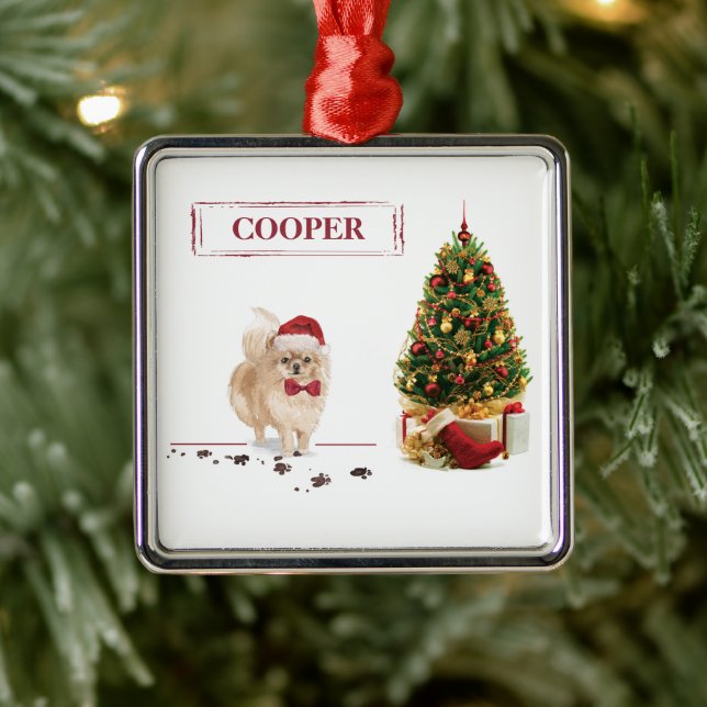 Pomeranian Funny Christmas Dog with Tree Metal Tree Decoration (Tree)
