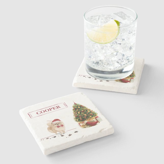 Pomeranian Funny Christmas Dog with Tree Stone Coaster (Side)