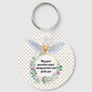 Pomeranian guardian angel polka dot wreath quote key ring