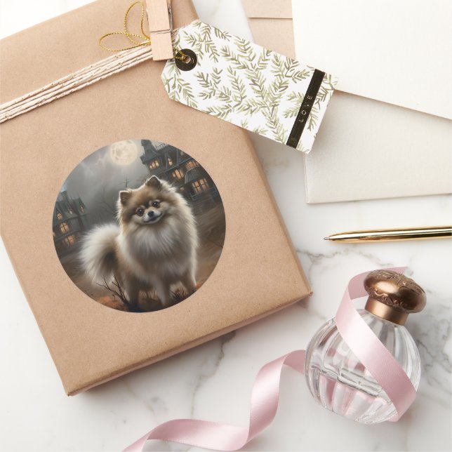 Pomeranian Halloween Scary Classic Round Sticker (Gifting)