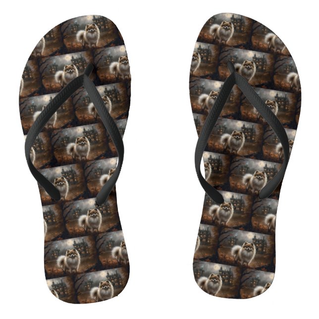 Pomeranian Halloween Scary Flip Flops (Footbed)