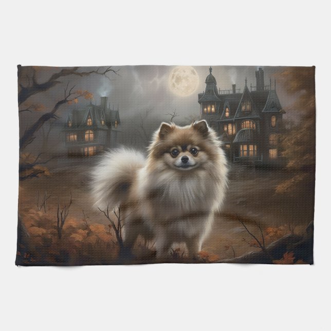 Pomeranian Halloween Scary Tea Towel (Horizontal)