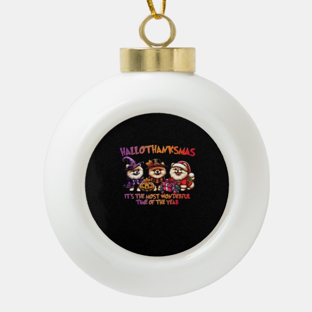 Pomeranian Halloween Thanksgiving Christmas Classi Ceramic Ball Christmas Ornament (Front)