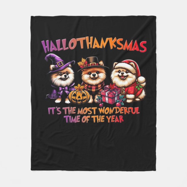 Pomeranian Halloween Thanksgiving Christmas Classi Fleece Blanket (Front)
