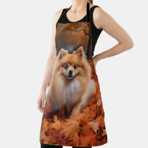 Pomeranian in Autumn Leaves Fall Inspire  Apron