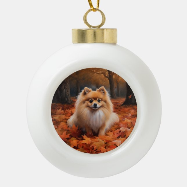 Pomeranian in Autumn Leaves Fall Inspire  Ceramic Ball Christmas Ornament (Front)