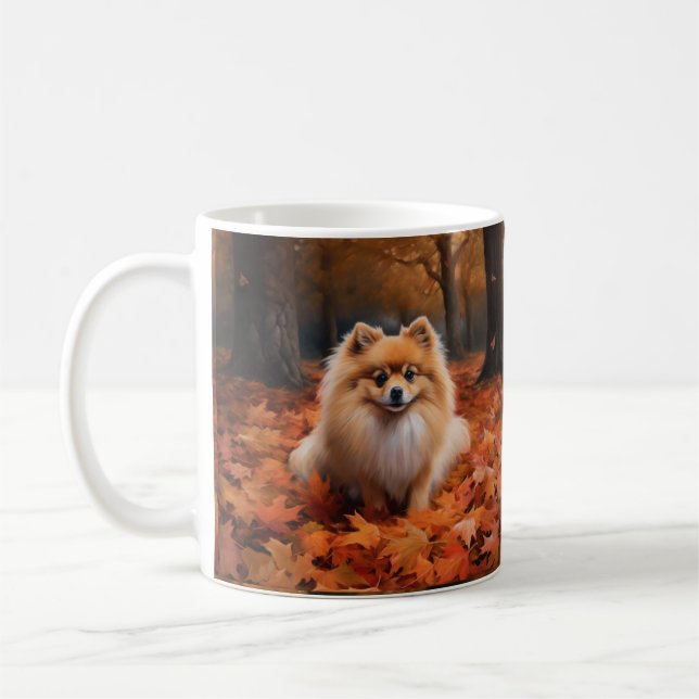 Pomeranian in Autumn Leaves Fall Inspire  Coffee Mug (Left)