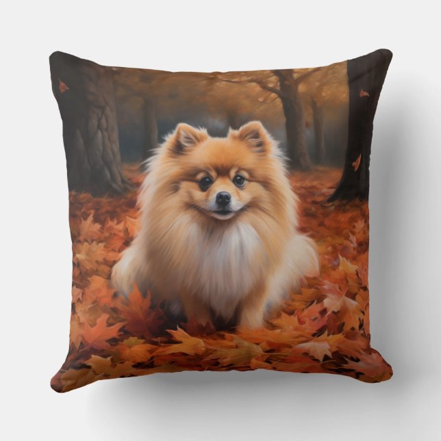 Pomeranian in Autumn Leaves Fall Inspire  Cushion (Back)
