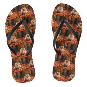 Pomeranian in Autumn Leaves Fall Inspire Flip Flops