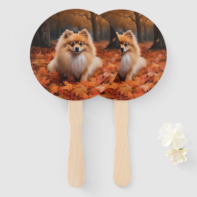 Pomeranian in Autumn Leaves Fall Inspire  Hand Fan (Front and Back)