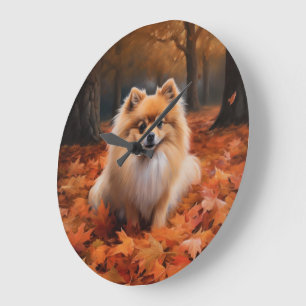 Pomeranian in Autumn Leaves Fall Inspire  Large Clock
