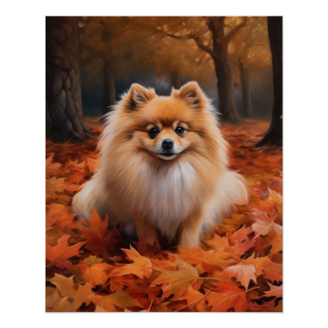 Pomeranian in Autumn Leaves Fall Inspire  Poster (Front)