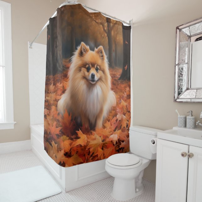 Pomeranian in Autumn Leaves Fall Inspire  Shower Curtain (In Situ)